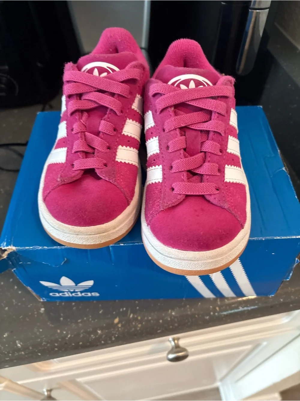 adidas Kids Suede Sneaker in Fuchsia with White Stripes